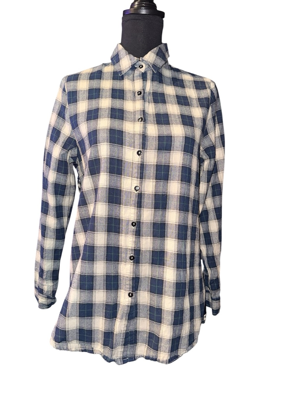 Soft Surroundings Navy, Cream & Plaid Shirt